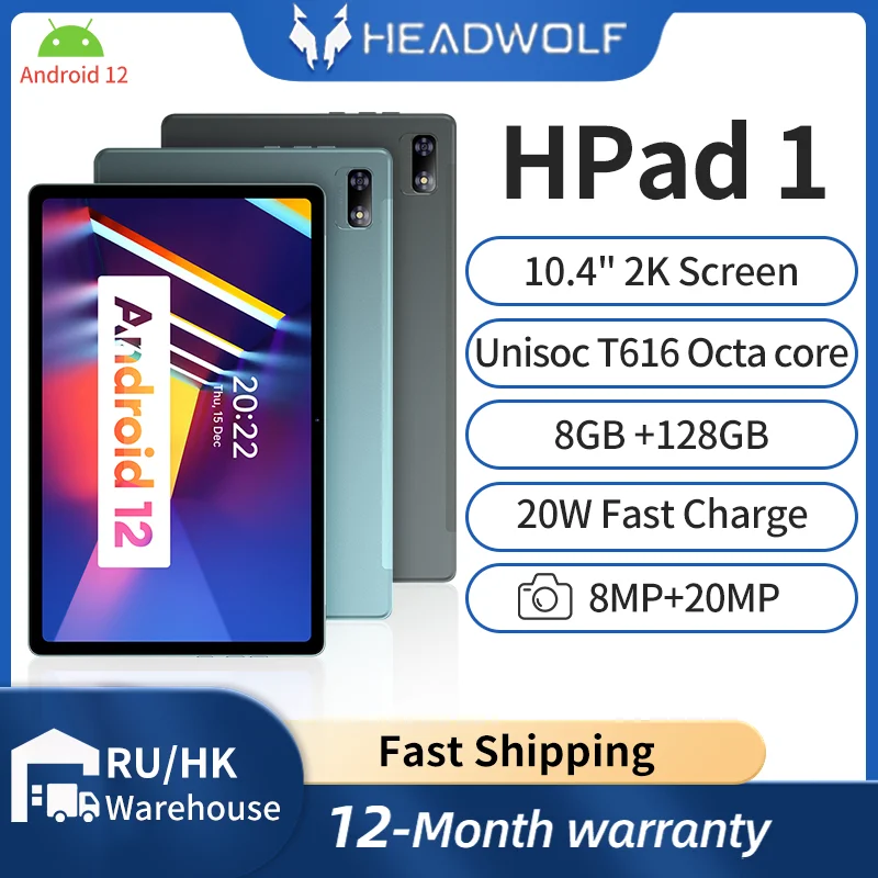 Headwolf HPad1 أندرويد 12 قرص كمبيوتر 10.4 بوصة unisolc t616 8GB ذاكرة الوصول العشوائي 128GB روم 4G LTE تاب كمبيوتر 1200 * 2000 IPS 7700 ماه 20MP كاميرا ويب