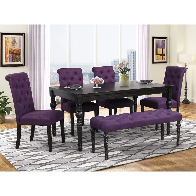 Leviton Urban Style Dark Washed Wood Dining Set: Table, 4 Chairs and Bench, Purple