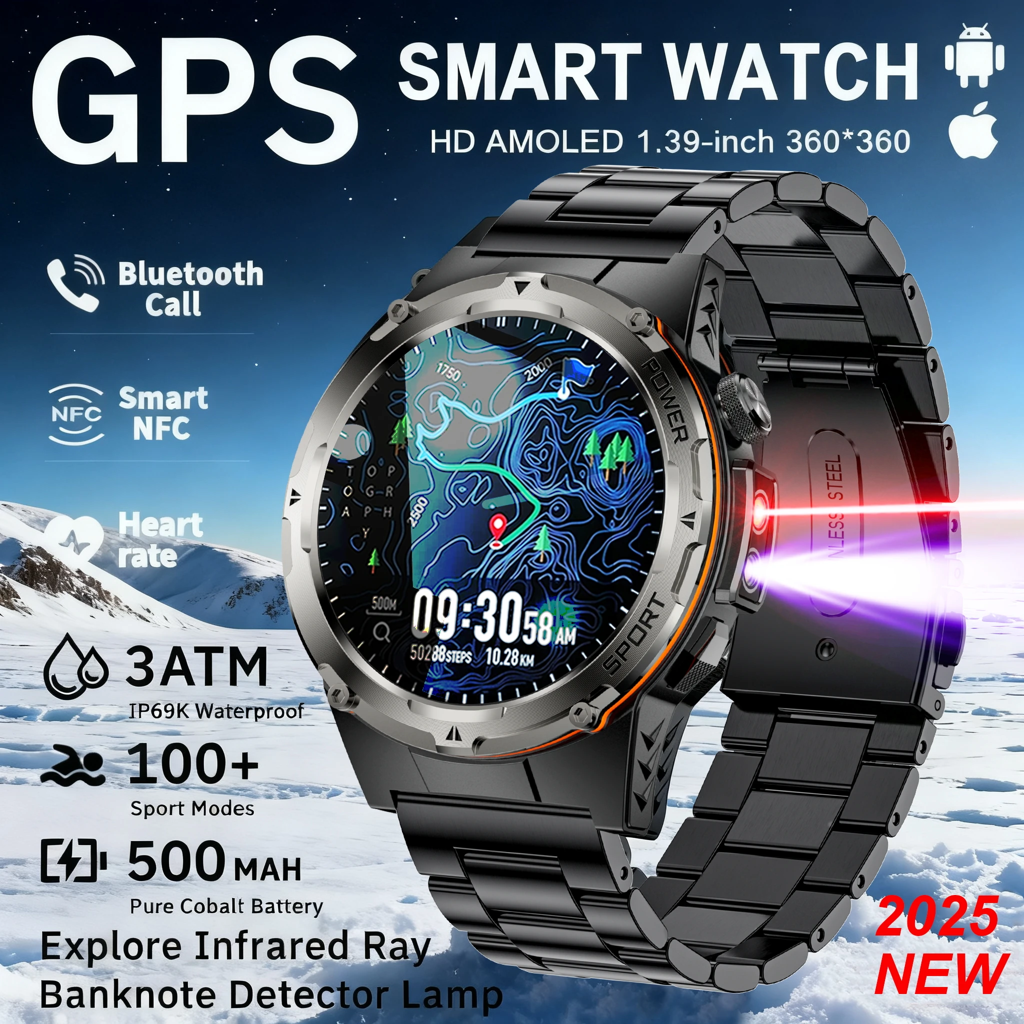 

2025 New NFC Watch 420mA GPS Sports HD BT Call Smart Watch Men Outdoor Sports Fitness Tracker Smart Watch Men Waterproof Clock