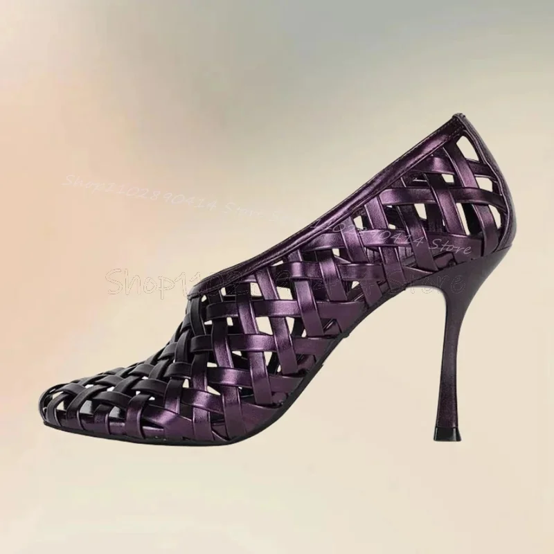 

Purple Hollow Knitted Design Round Toe Pumps Slip On Women Shoes Thin High Heels Fashion Party Banquet 2025 Zapatos Para Mujere