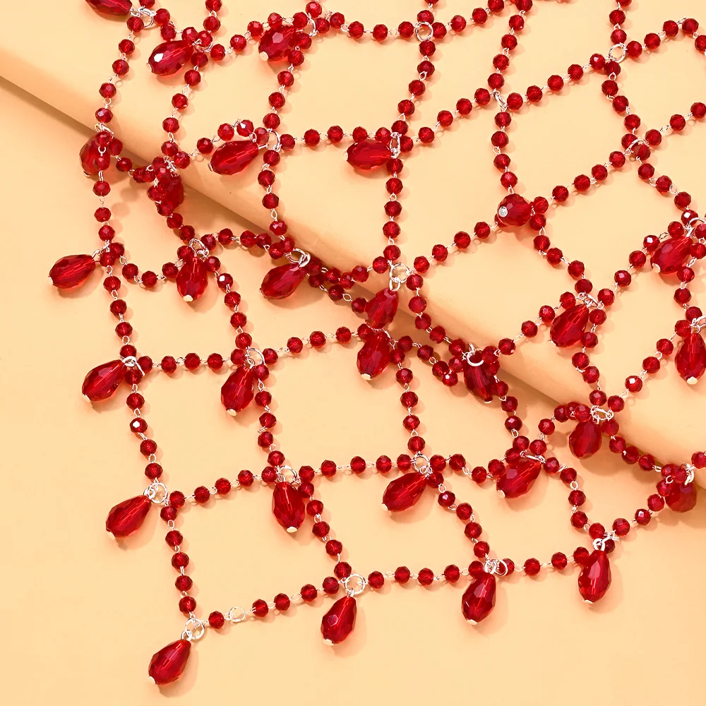 Women's Red Crystal Head Chain Rhinestone Beaded Spiderweb Hair Jewelry Draped Fringe Headpiece for Rave Festival Party Costume