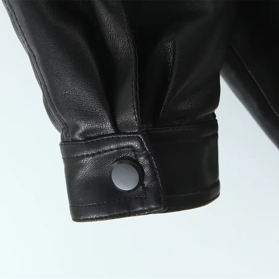 Women PU Leather Jacket Spring Autumn New Wide Version Versatile Double Breasted Button Zipper Turn-down Collar Motorcycle Coat