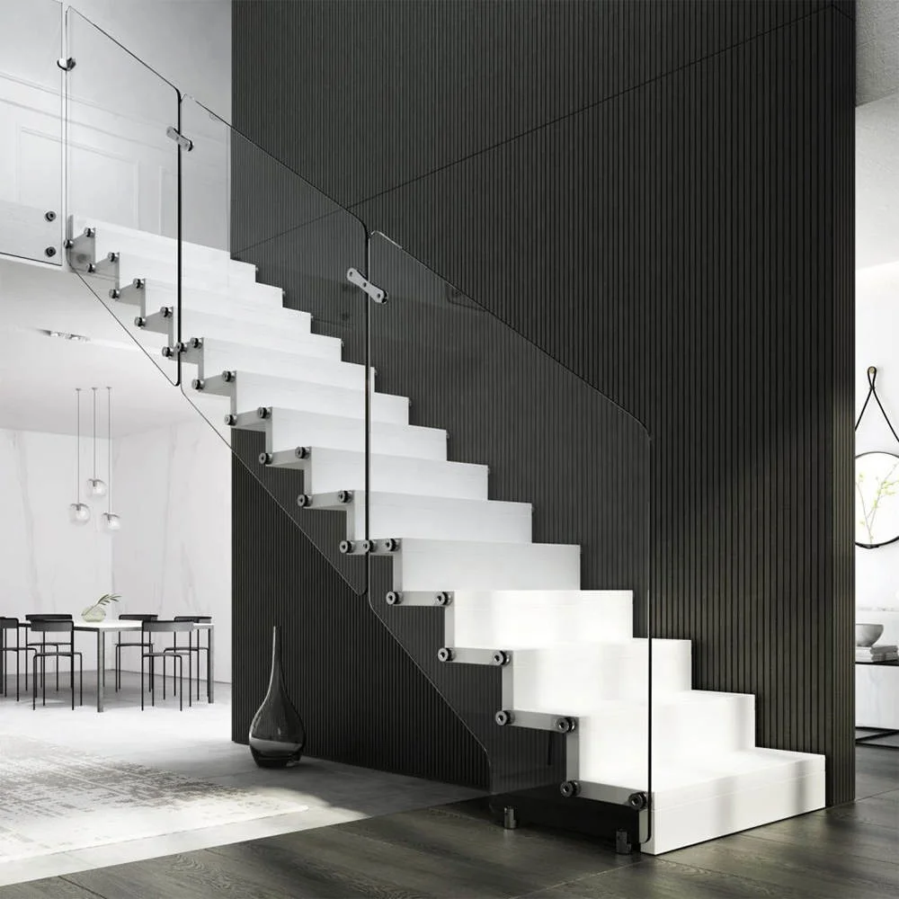 Customization Straight Stair Cantilever Staircase With Glass Panel Railing Solid Wood Steps Design Floating Stairway