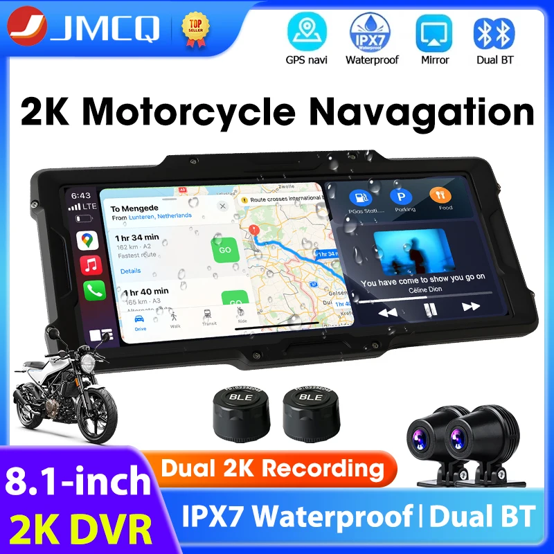 

8.1 inch Motorcycle Carplay GPS Navigation 2K DVR For Wireless Carplay Android Auto Dual BT 5.0 IPX7 Waterproof Moto Display