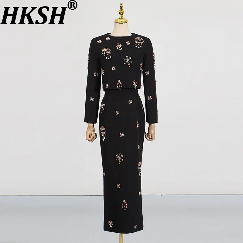 

HKSH Spring Summer New Women Printed Slim Fit Two-Piece Set Elegant Fashion Tide O-Neck Top Stylish High Waist Skirt Sets HK8287