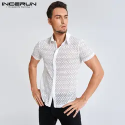 INCERUN Tops 2024 American Style Sexy Men's Lace Printing Shirts Casual Party Shows Male Hot Selling Short Sleeved Blouse S-5XL