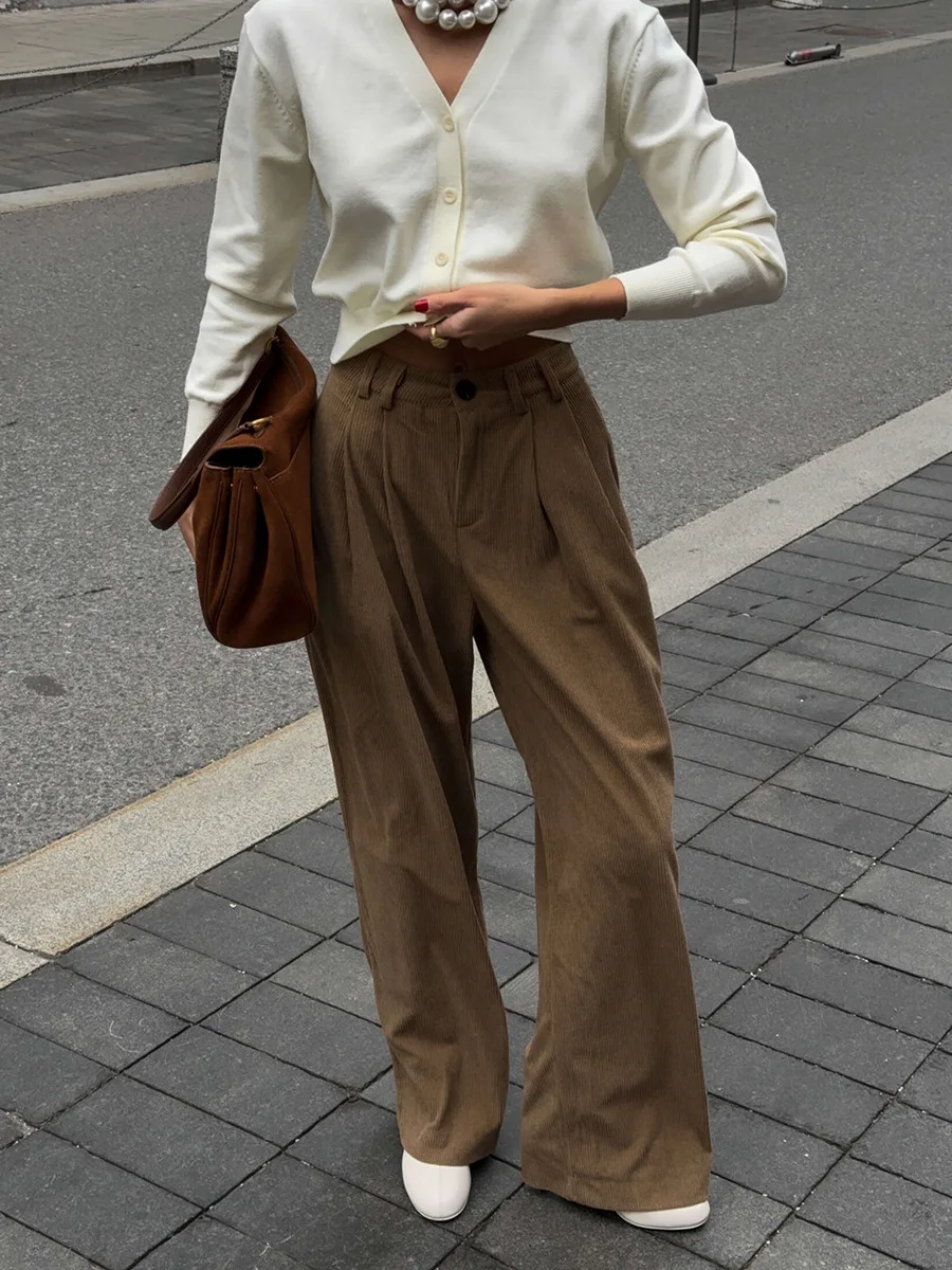 Femmes taille haute jambe droite costume pantalon décontracté drapé hanche dissimulant jambe large pantalon élégant 2025 printemps été nouveau Style