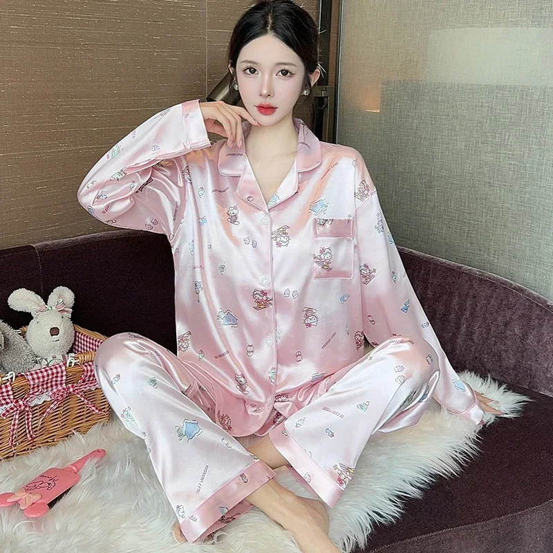 Cartoon Sanrio Hello Kitty Women\'s Pajamas Autumn Ice Silk Long Sleeve Pants Two-piece Lapel Homewear Silk Pajamas Women