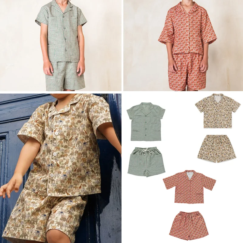 

In Stock 2026 BEO NEW Spring Summer Baby Girls Floral Sets Boys Green Plaid Shirt and Shorts Set Cartoon Printed Beach Shorts
