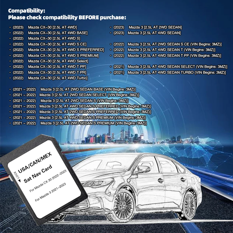 Sat Nav Newest Update USA/CAN/MEX Maps SD Card GPS Accessories 2023 for Mazda 3 CX-30 Vehicle Navigation Update System Software