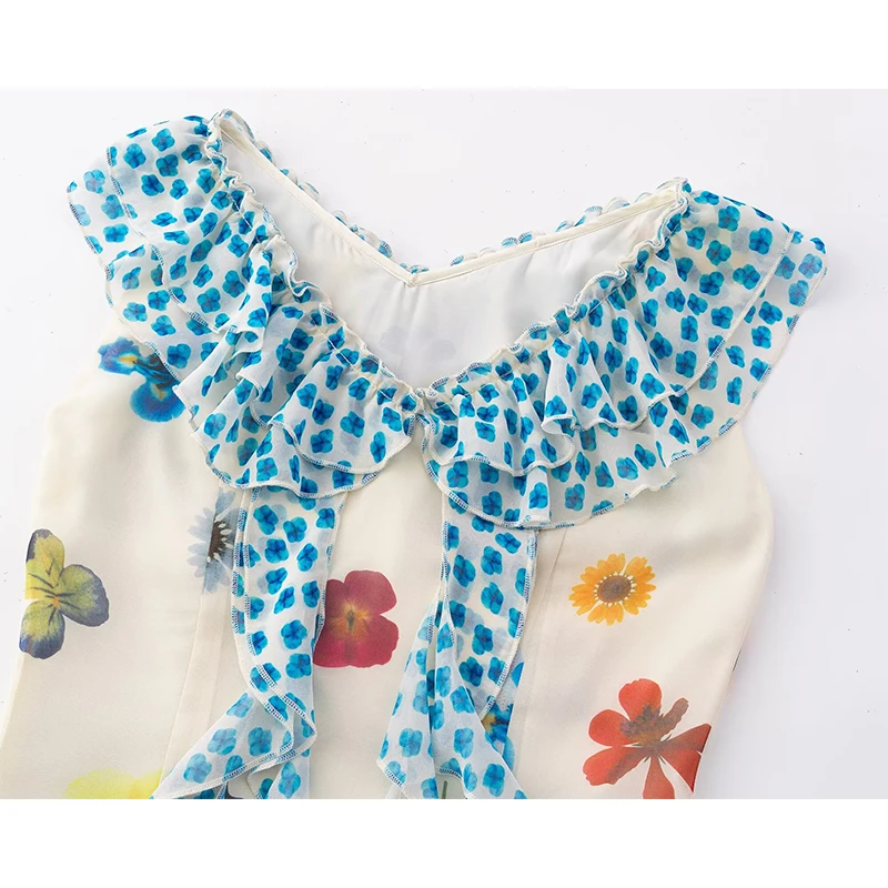 YENKYE الحلو الأزهار طباعة عطلة فستان طويل لعام 2026 المرأة كشكش بلا أكمام الخامس الرقبة ألف خط فساتين الصيف ماكسي رداء #3