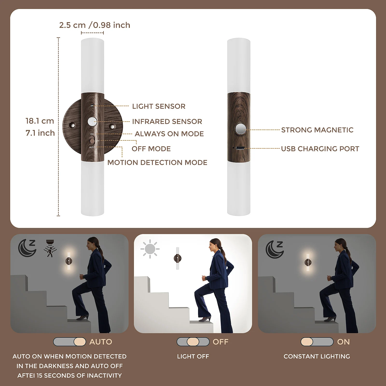 Imagem -02 - Motion Sensor Induction Night Light Usb Recarregável de Madeira Led Lâmpada de Parede para o Quarto Corredor Escada Interior 700mah Pacotes