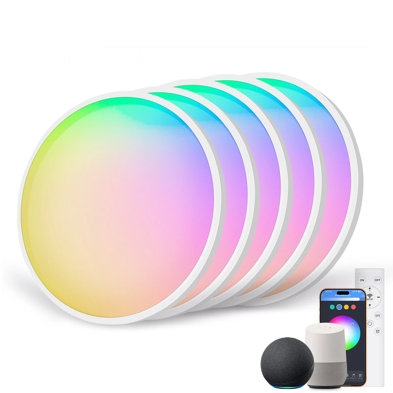 Confezione da 5 lampade da soffitto RGB intelligenti, 30 cm, 24 W, controllo tramite app WiFi e Alexa, luminosità regolabile, 16 milioni di colori, grado di protezione IP54, ideali per camera da letto