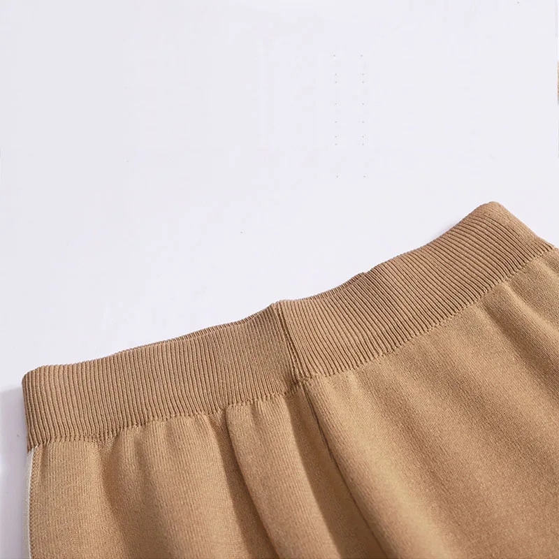 Women 2024 Summer New Contrast Color V-neck Tank Top Elastic Band Wide Leg Pants Two Piece Set Thin Split Elegant Knit Loose Set