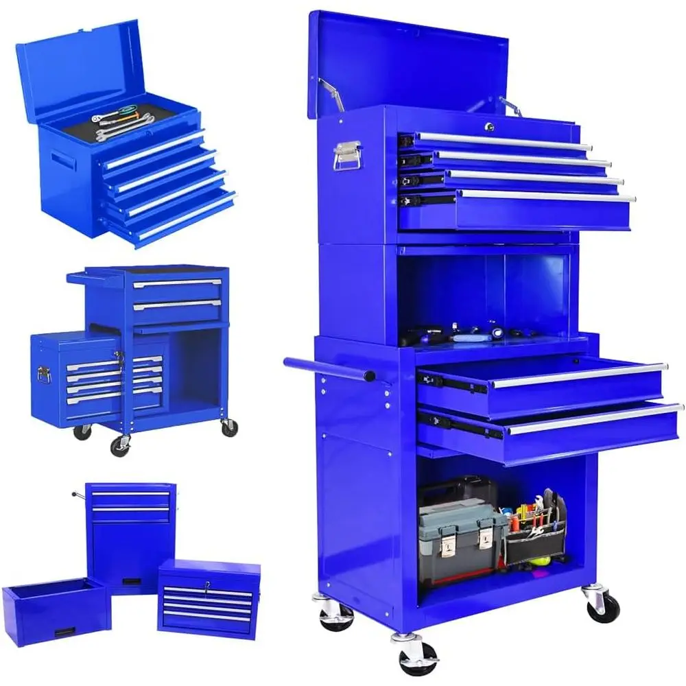 

Blue Heavy-Duty Rolling Tool Chest with Lockable Storage, Tall Metal Toolbox on Wheels for Garage and Workshop