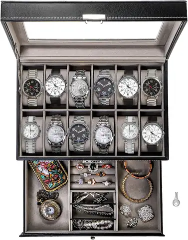 12 Slot Watch Box with Glass Lid, 2 Layers Organizer and Drawer for Jewelry, Black Gift for Men
