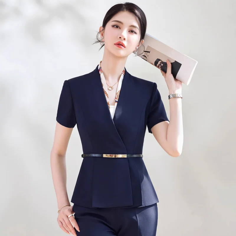 New short-sleeved professional suit for women, summer fashion elegant suit for jewelry store, hotel, beauty salon manager workwe