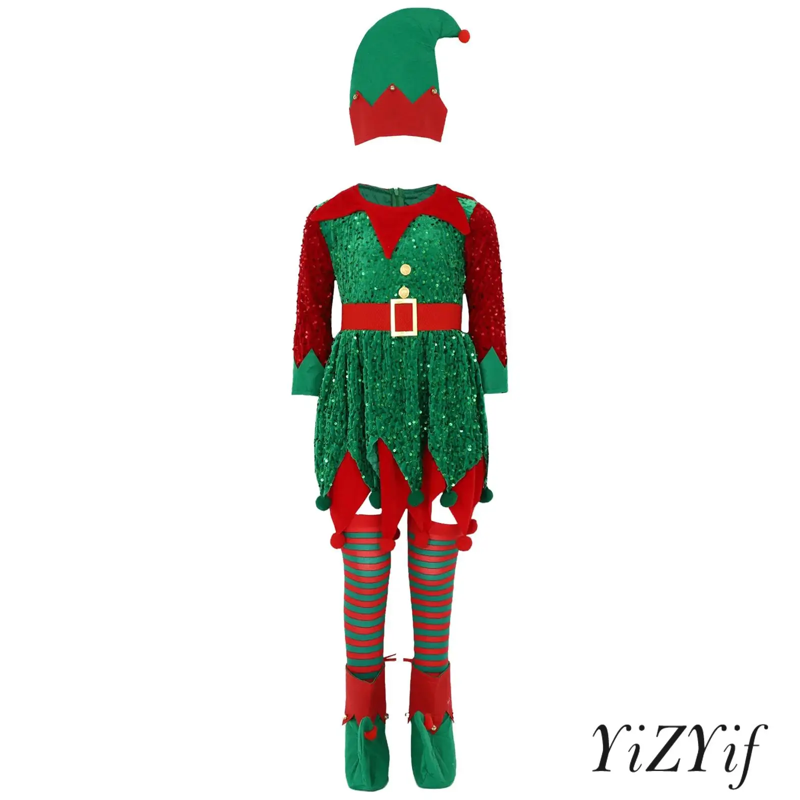 

Kids Girl Christmas Santa Helper Costume Set Sequins Long Sleeve Dress And Bells Hat Waistbelt Stripe Socks And Elf Shoes Covers