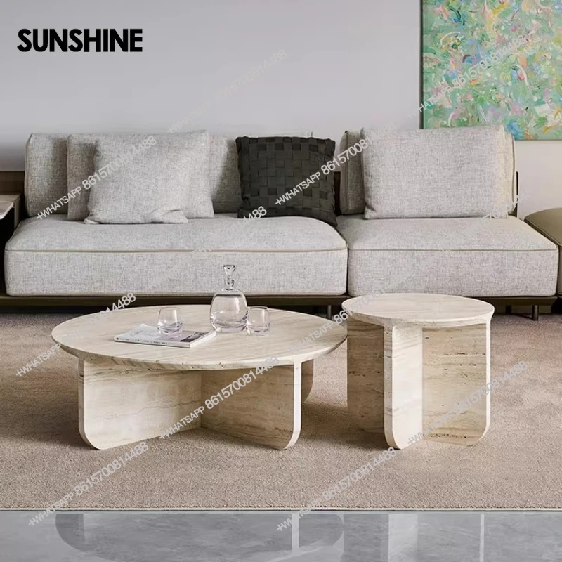 

Italian minimalist white cave natural stone round coffee table small apartment balcony small tea table