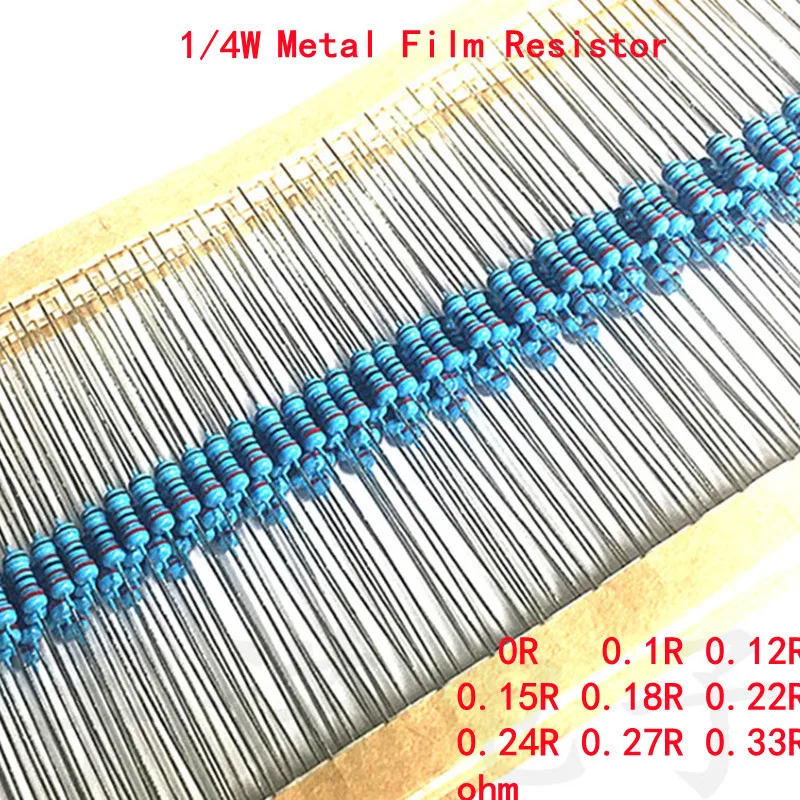 

100piece 1/4W Metal Film Resistor 1% 0R 0.1R 0.12R 0.15R 0.18R 0.22R 0.24R 0.27R 0.33R Ohm Precision Good Quality 0.1 0.12 0.18