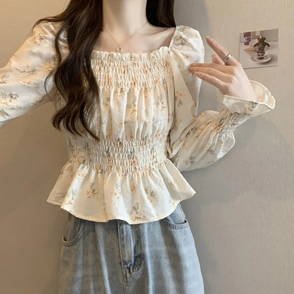 Floral Printed Short Blouse Spring Square Neck Long Sleeve Women Elastic Waist Slim Fitted with Ruffle Edge Chiffon Shirt A494