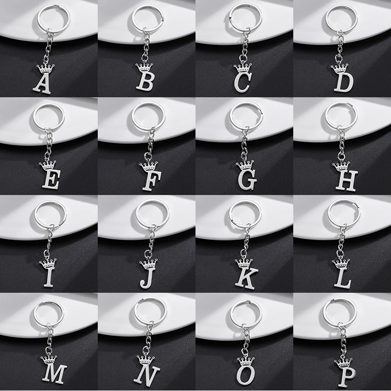 Metal DIY Crown A-Z Letters Keychain Silver Color Stainless Steel 26 Alphabet Pendant Key Chain Ring for Lovers Initials Jewelry