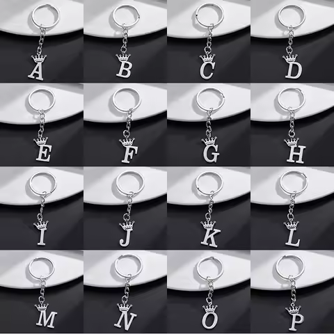 Metal DIY Crown A-Z Letters Keychain Silver Color Stainless Steel 26 Alphabet Pendant Key Chain Ring for Lovers Initials Jewelry