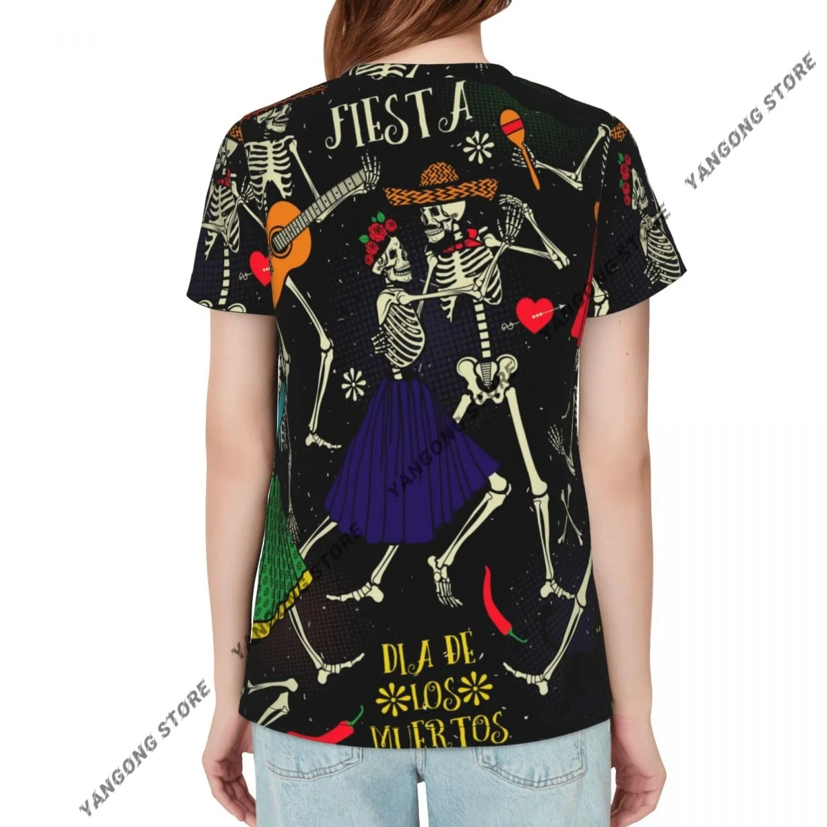 Casual Summer Woman Skinny Fit T-shirt Tight Short-Sleeve O-neck Tee Basic Day Of The Dead The Skeleton Dance T Shirt