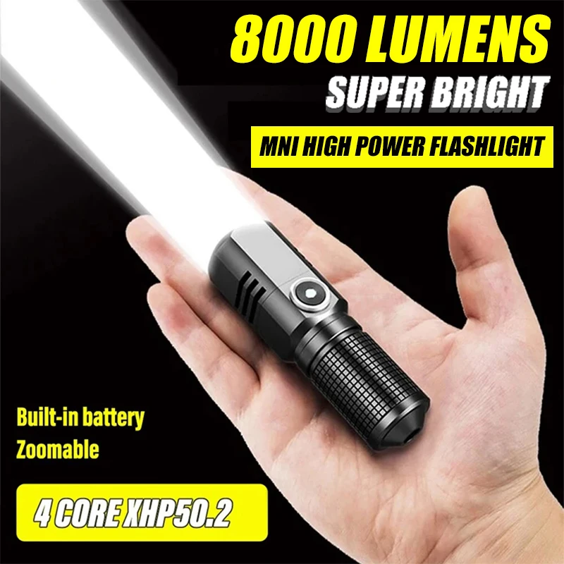 Mini Flashlight XHP50 LED USB C Rechargeable 16340 18650 Battery Flashlight 1500lm Powerful Torch Can Be Closed with One Click