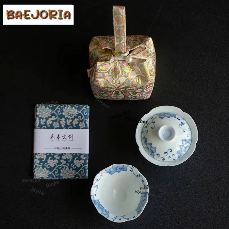 Hand Painted Peony Travel Tea Set Kit Handmade 1 Bowl 1 Cup Household Tea Maker Organizer Portable Camping Tote Bag Cafes Craft view 5
