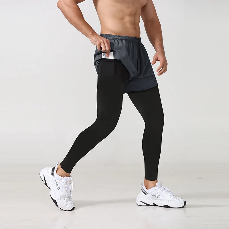 Men's Fitness Pants Stretch Running Quick Drying Pants Basketball Training Pants Fake Two Pairs of Tight Sweatpants Men Joggers