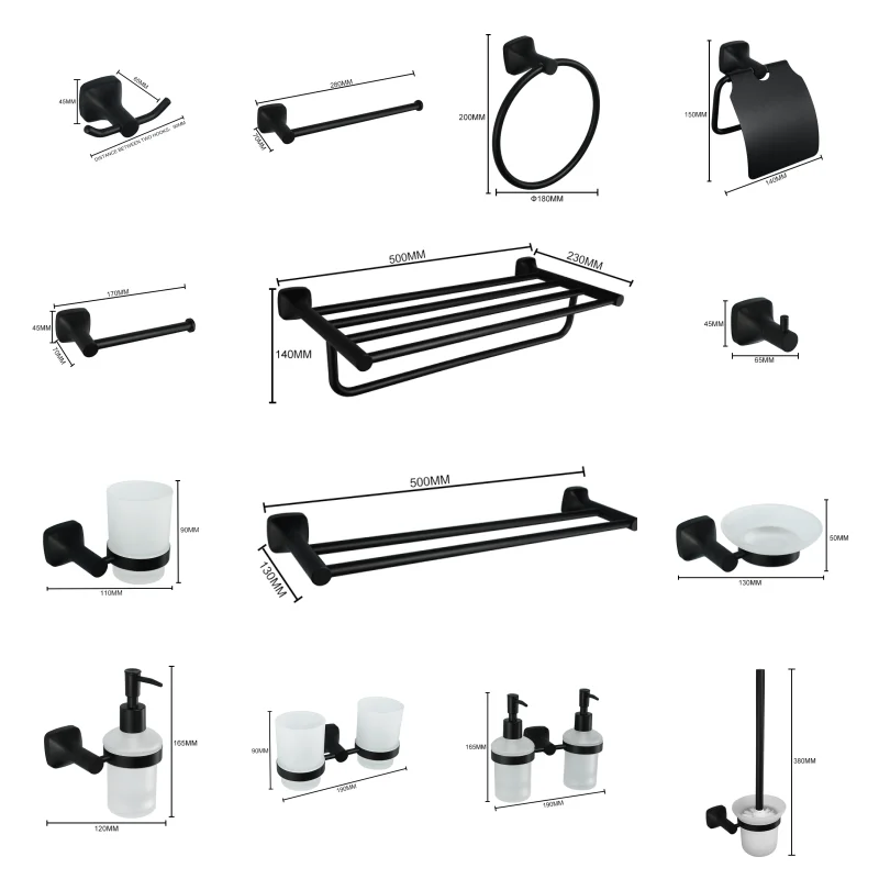 

Matte Black Bathroom Accessories Set Wall Mount Stainless Steel Clothes Hook Toilet Paper Holder Towel Bar Hardware Pendant