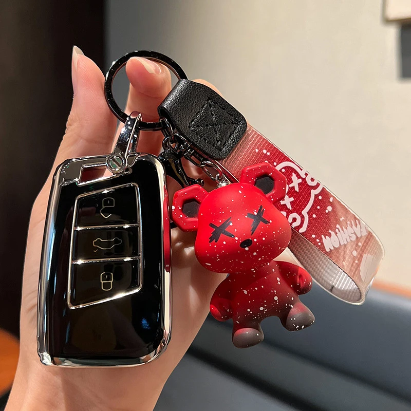 TPU Car Key Case Cover Bag Shell Fob For VW Volkseagen Passat B8 Magotan For Skoda Superb A7 Kodiaq Seat Bear Keychain