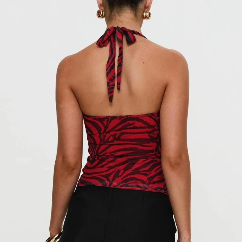 Women Halter Crop Top Backless, Sleeveless Zebra Print Camisole Slim, Fit Y2K Summer Tank Top, Club Party Streetwear Blouse