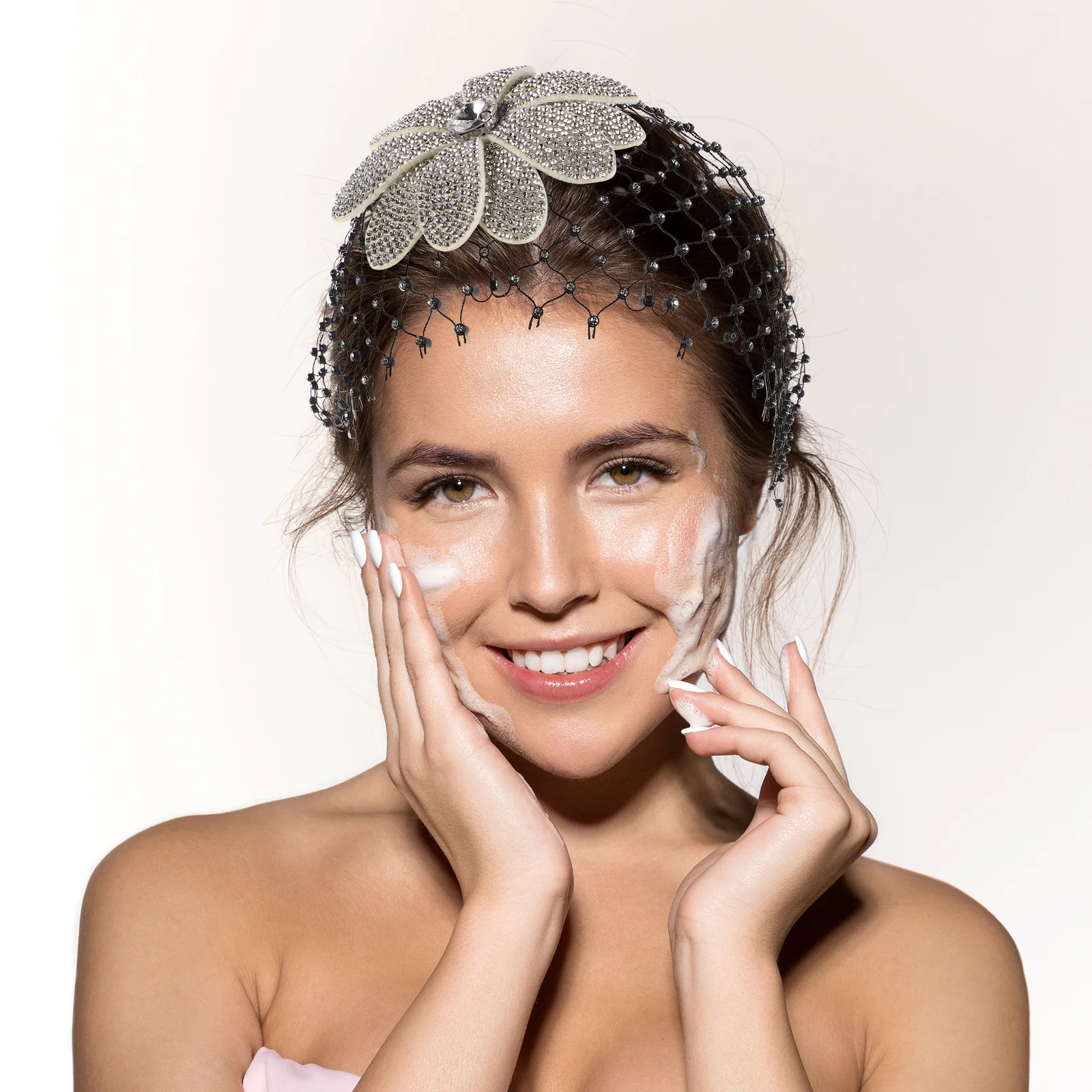 

French Vintage Mesh Hair Net Cap Sparkling Rhinestone Floral Headpiece For Women Wedding Party Formal Events Hair