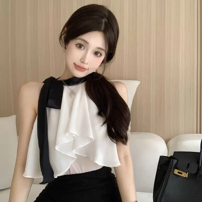 Women Top Versatile Chiffon Halter Bow Sleeveless Blouses Women Tender Sexy Sweet Females Aesthetic New Arrival Korean Style