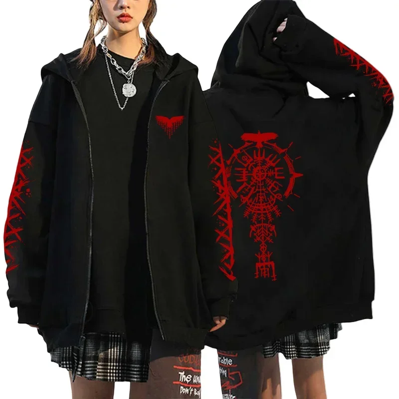 Gothic Pattern Print Zipper Hoodies Women Men Autumn Winter Casual Fashion Streetwear Y2K Long Sleeve Fleece Zip-up Sweatshirts