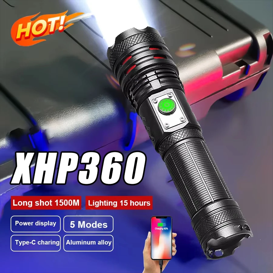 

XHP360 Светодиодный фонарик высокой мощности, перезаряжаемый, с дальним светом, тактический фонарь, водонепроницаемый, для рыбалки и кемпинга