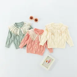 Spring Autumn Baby Girls Cardigan Lace Patchwork Collar Jacquard Infant Girls Sweater Elastic Hem Knitted Newborn Girls Knitwear