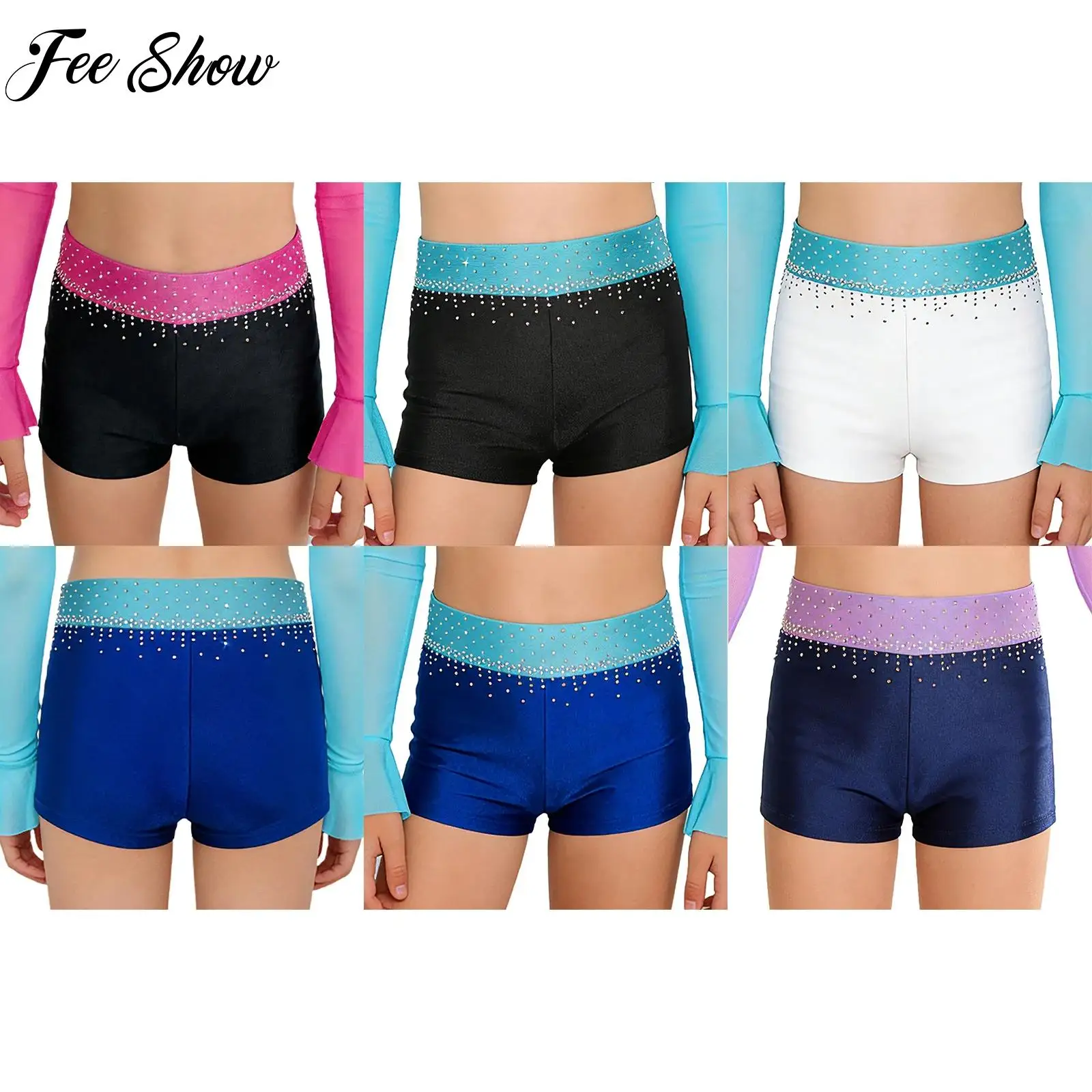 

Kids Girls Rhinestones Ballet Dance Gymnastics Shorts Color Block Stretchy Sports Shorts Figure Skating Performance Dancewear
