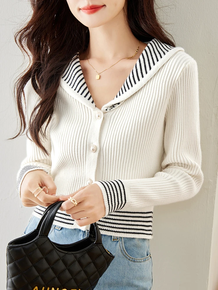 Spring Fall Fashion Navy Collar Knitted Cardigan Women Casual Versatile Long Sleeve Sweater Retro Loose Short Top Coat