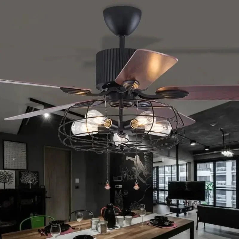 High Quality Loft Fan Chandelier Retro Dining Room Household Electric Fan Mute LED Remote Leaf Fan Lamp