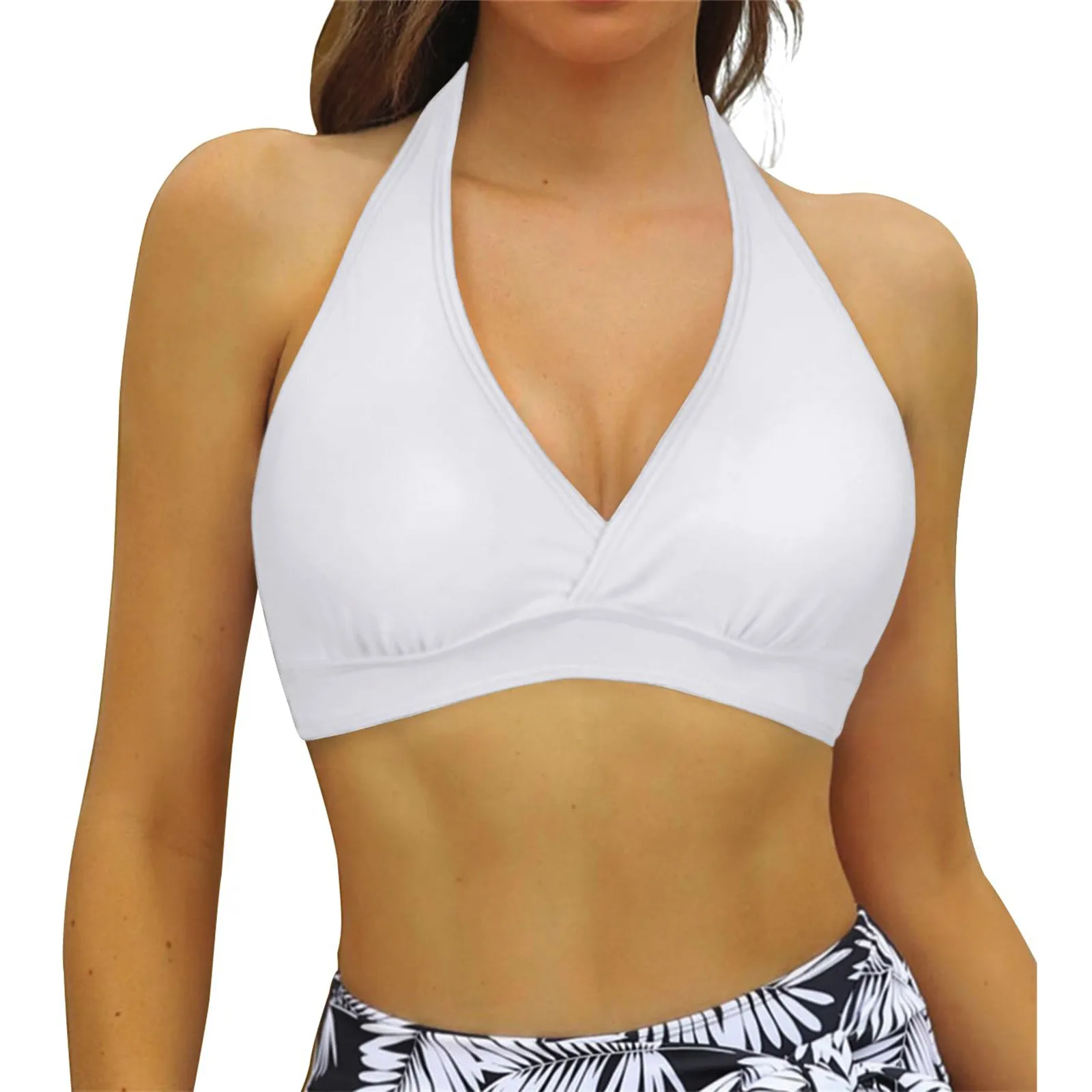 Women Halter Swimwear Vest Removable Chest Pad Full Coverage Bikini Tops Gather Push Up Swim Crop Top Beachwear Bathing Suit