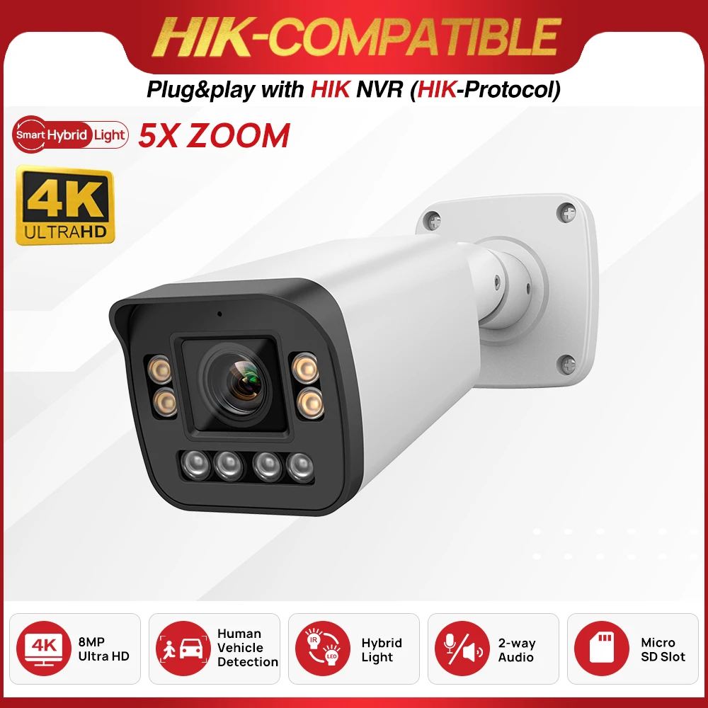 Telecamera IP Bullet 8MP compatibile Hikvision Zoom 5X Smart Dual Light con videocamera di sorveglianza con altoparlante microfono integrato ColorVu