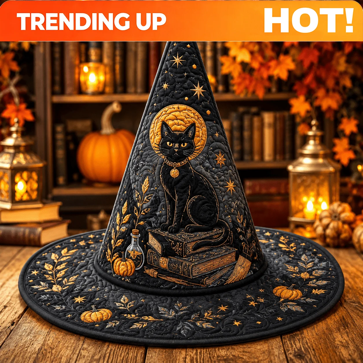 Black Cat Spellbook, Distinctive Witch Hat Shape, Quilted Fabric Texture, Costume & Decor Versatility, Halloween Witch Hat