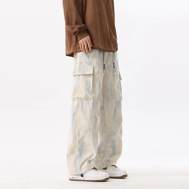 Nieuwe herfst grote zak cargobroek heren casual losse broek outdoor mode trend verven met gradiëntpatronen lange broek