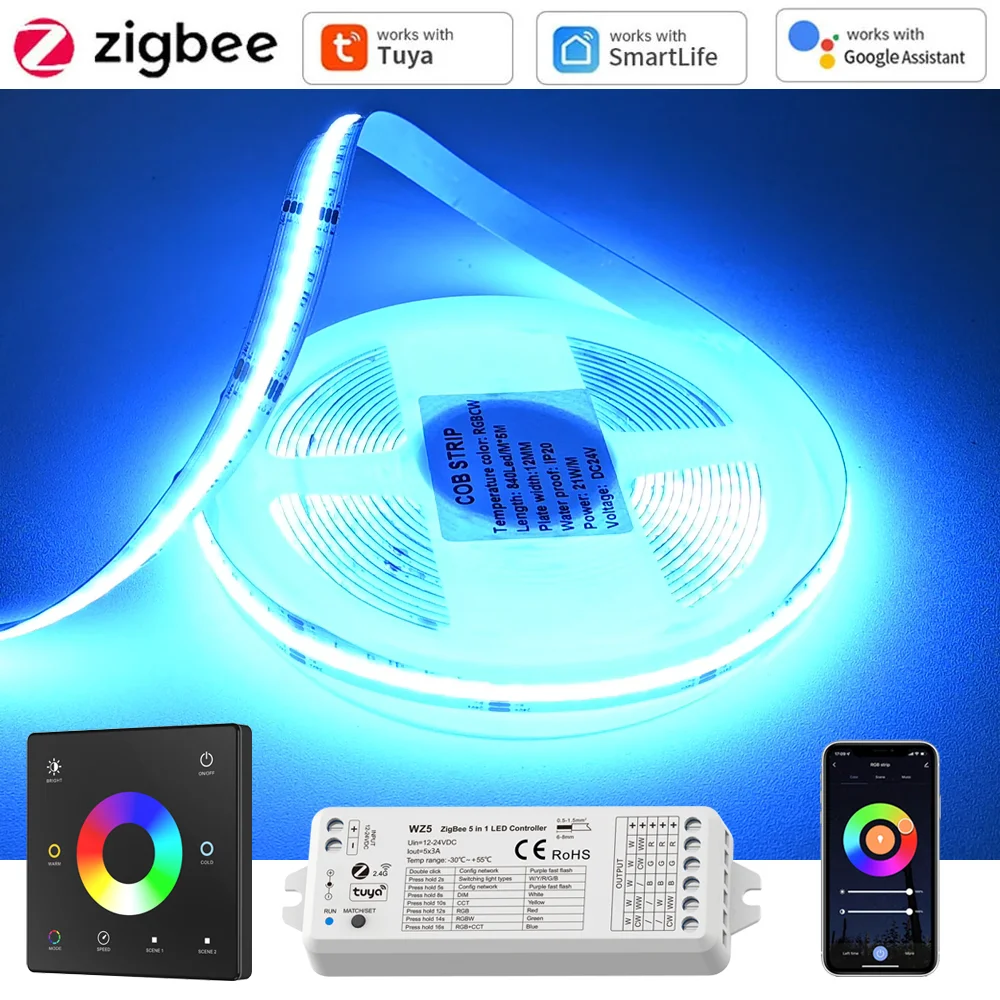 5m 10m 20m Tuya Zigbee 3.0 COB RGB+CCT LED Strip 24V Dimmable Room Decor Liner Light Black RF Touch Panel Remote fr Alexa Google