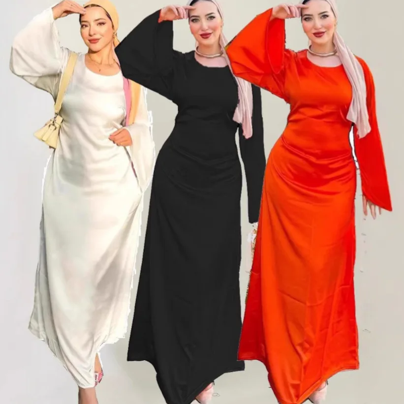 Oriente médio dubai robe robe cross-border roupas femininas cor sólida vestido de cetim amazon comércio exterior outono novo cw64428