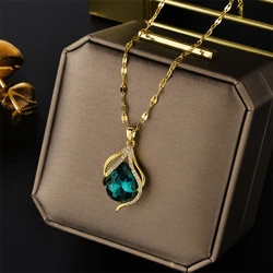 New Light Luxury Green Crystal Stainless Steel Necklaces For Women Korean Fashion Temperament Sexy Female Clavicle Chain Jewelry