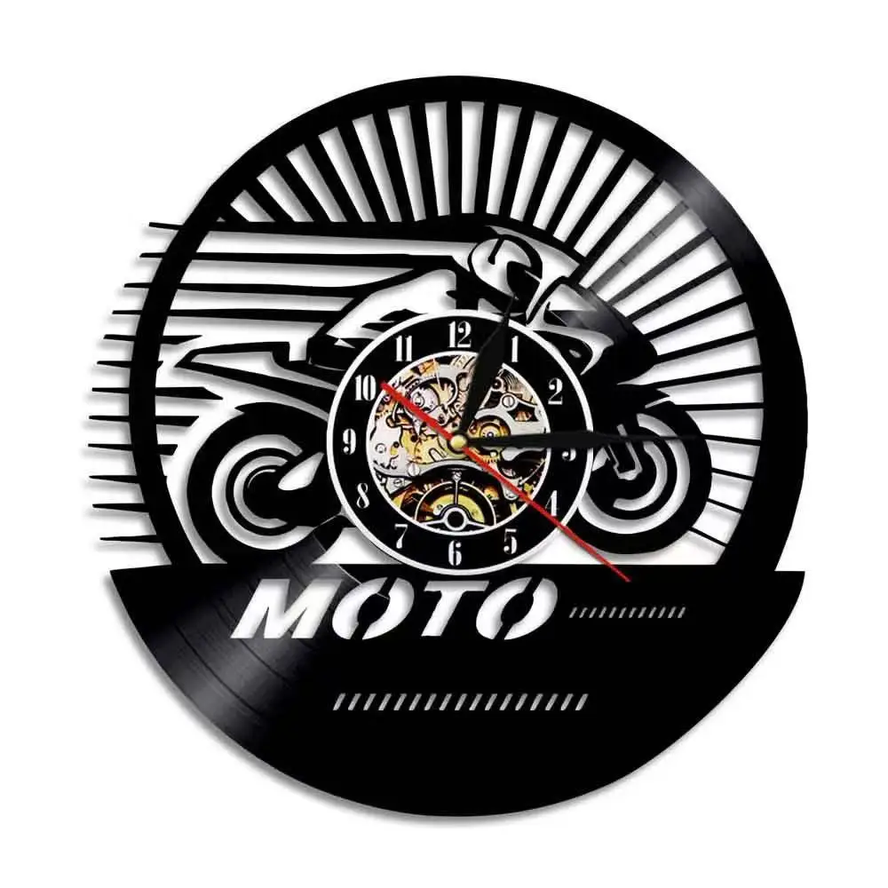 Motorcycle Racing Silhouette LED Backlit Wall Clock Vinyl Record Design for Man Cave Garage Decor Night Light Biker Gift